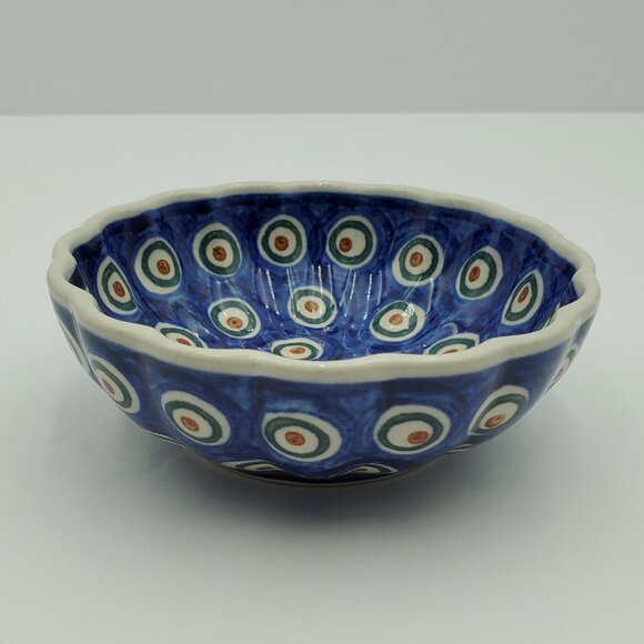 Polish Pottery Peacock Eyes Small Fluted Bowls Brown Eyed Peacock Trinket Dishes - Picture 8 of 8